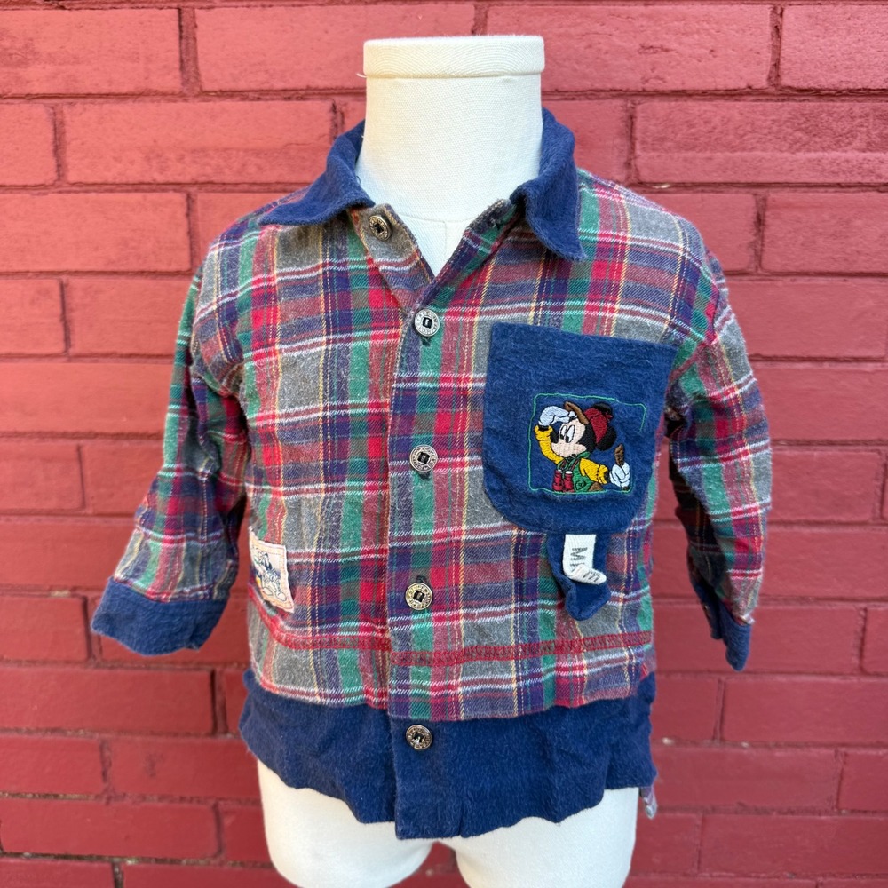 Vtg 90 Disney Mickey Mouse Plaid Button Down Shirt Kids 18 Months Cotton Kidcore
